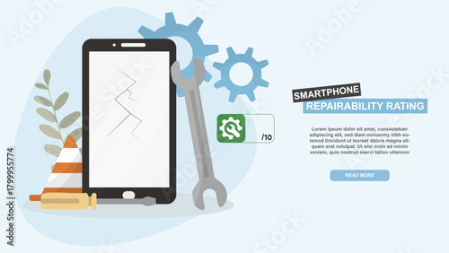 Smartphone Repairability Rating Information Banner. Ideal for industrial and business presentation. Damaged Device Concept. Importance of repair concept. Flat style. Vector illustration