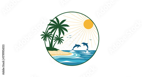 Tropical island paradise with palm trees and jumping dolphins under the sun.