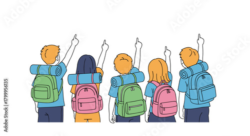 Children with backpacks pointing upwards towards the sky as they explore.