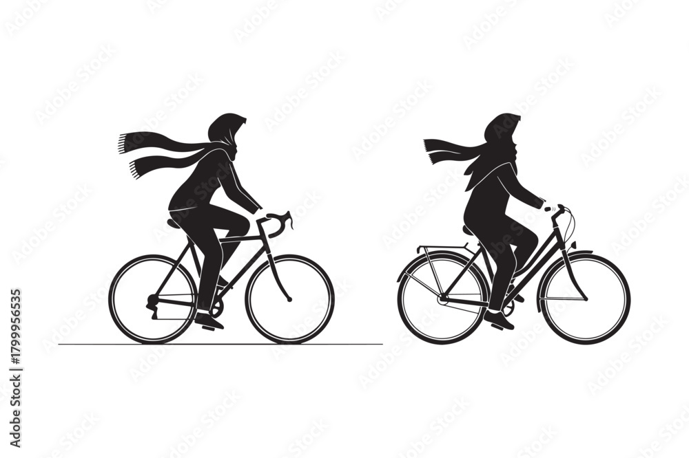 Obraz premium Silhouettes of two people riding bicycles in a stylized artistic representation