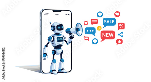 Advanced robot announces new sales and promotions through digital messages, boosting online business growth and customer engagement