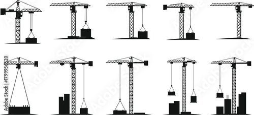 crane, tower, silhouette, posture, motion, lift, block, gear, load, icon, site, structure, machine, build