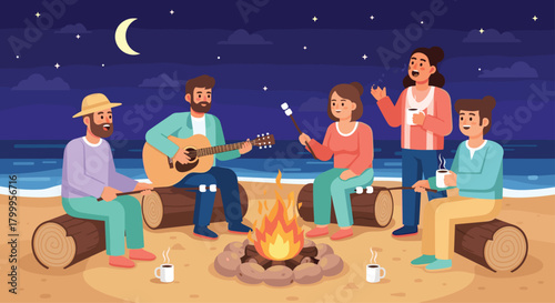 Friends gather around a vibrant beach campfire at night, sharing stories and roasting marshmallows while enjoying music under a starry sky