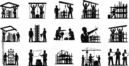 construction, worker, silhouette, posture, motion, beam, crane, gear, blueprint, scaffold, icon, build, lift, plan