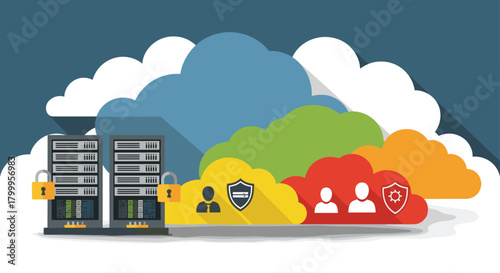 Secure cloud data storage with locked servers and shielded user icons representing protected digital assets and information protection solutions