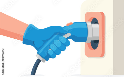A gloved hand firmly plugging an electrical power connector into a socket for safe, secure operation