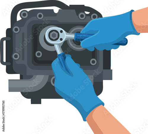 Mechanic hands in blue gloves using a ratchet wrench to tighten a bolt on a machine