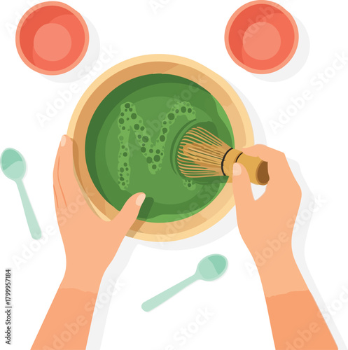 Hands whisking a bowl of green matcha tea, creating foam and a swirling letter-like pattern