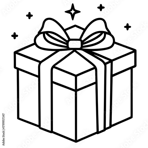 Line-art vector of a snow-covered gift box with ribbon, modern minimal stroke-style Christmas icon.