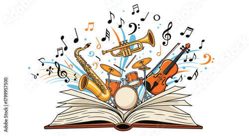 Open book bursts with vibrant musical instruments and notes, symbolizing creativity and learning