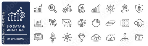 Big Data and Analytics Line Icon Set. Collection of analytics, database, processing, machine learning, report, algorithm, search, growth, cloud, and business intelligence symbols. Editable Stroke.