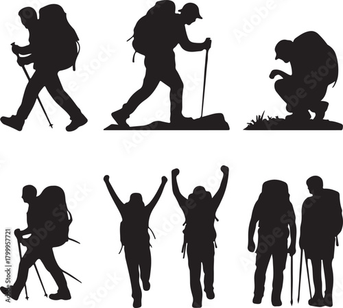 Silhouette hikers with backpacks and trekking poles on white background Keywords: hiking