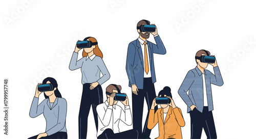 Diverse professionals immersed in virtual reality headsets exploring innovative digital futures and immersive experiences together