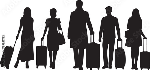 Black Silhouettes of Travelers with Luggage on White Background suitcase