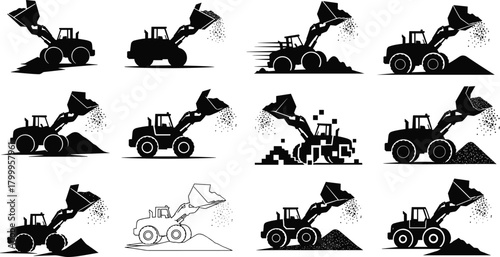 loader, construction, silhouette, posture, motion, scoop, dump, gear, dirt, gravel, icon, site, machine, style