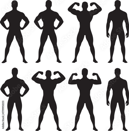 Male Bodybuilder Silhouettes Posing In Various Stances On White Background fitness