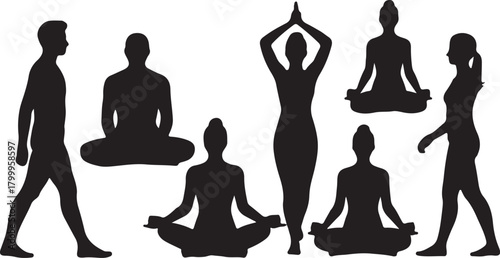 Yoga Poses Silhouettes Including Meditation And Standing On White Background woman