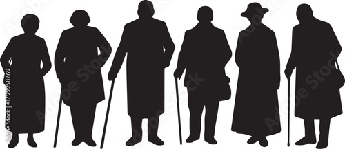 Silhouettes of Six People with Walking Sticks and Hats group woman