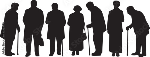 Seven Black Silhouettes of Elderly People with Canes on White Background senior