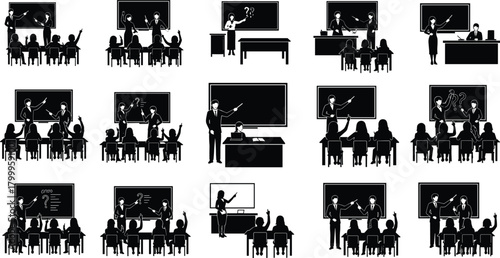 classroom, teaching, silhouette, posture, motion, board, student, explain, raise, icon, group, learn, desk, instruct