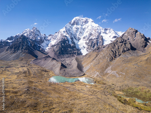 Ausangate, Peru: Aerial view of Ausangate peak and the azulcocha lake in the Andes mountain range in Peru, a popular trek, the 7 laguna