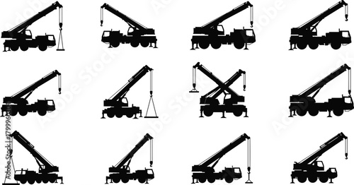 crane, silhouette, posture, motion, truck, boom, lift, gear, hook, load, icon, site, extend, machine
