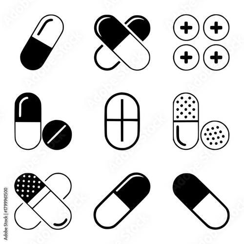 Collection of Medical Pill and Capsule Icons with Plus Signs
