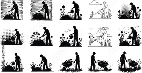 gardening, silhouette, posture, motion, plant, water, hoe, wheelbarrow, flower, nature, icon, rural, tend, style
