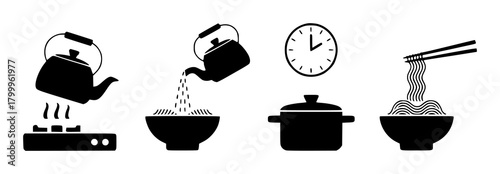 Iconography of Instant Noodle Preparation Boiling, Pouring, Timing, and Serving