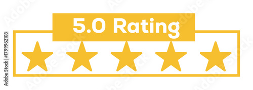 5 Star rating, customer review with gold stars flat vector. 5 stars. Gold star rating bar with five yellow stars. 5 Star Rating Review with five golden stars. 