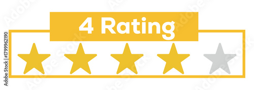 4 star rating. Vector star rating elements. Row of five stars showing four full orange stars. Rating Icon 4 Stars Review Graphic. Four star rating review gold stars customer feedback. 