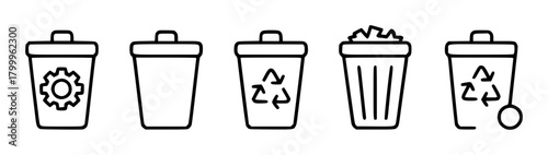 Set of Trash Can Icons Recycling, Gear, and Waste Bins