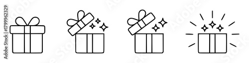 Set of four line art icons representing gift boxes and surprises