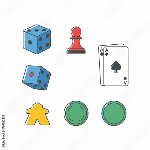 Board Game Icons Vector Set – Dice, Cards, Pawns & Tokens