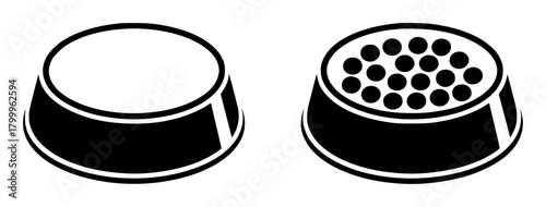 Two pet bowls, one empty, one filled with kibble