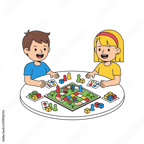 Kids Playing Board Game Vector Illustration – Fun Family Activity