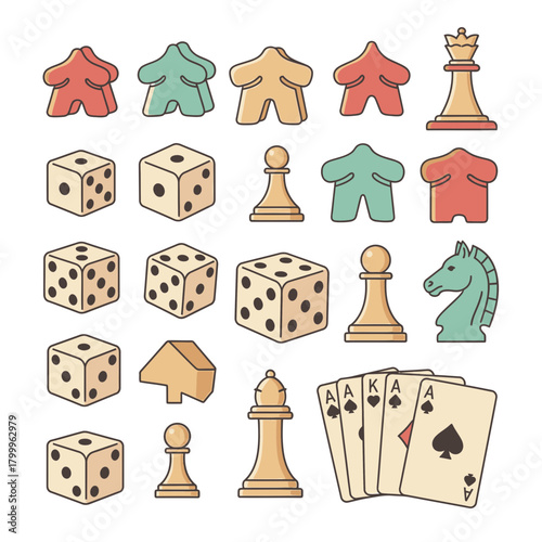 Board Game Icons Vector Set – Dice, Cards, Pawns & Tokens
