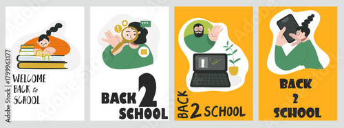 Set of back to school illustrations. Concepts for education, learning, reading book, school, bookstore. International education day, world book day, teachers day. Hand drawn vector.