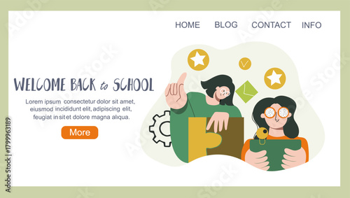 Welcome back to school concept, education, landing page, hand drawn vector illustration.