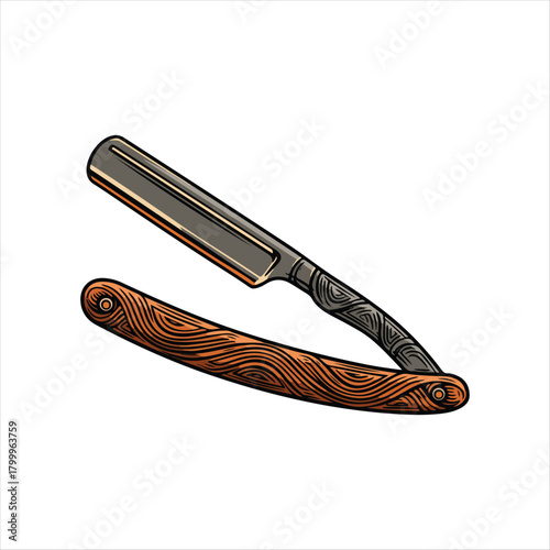 Vintage style straight razor illustration with wooden handle and sharp blade