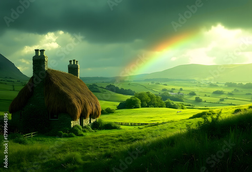Thatched homestead scenic panorama in fresh greens emblem of countryside charm with copy space