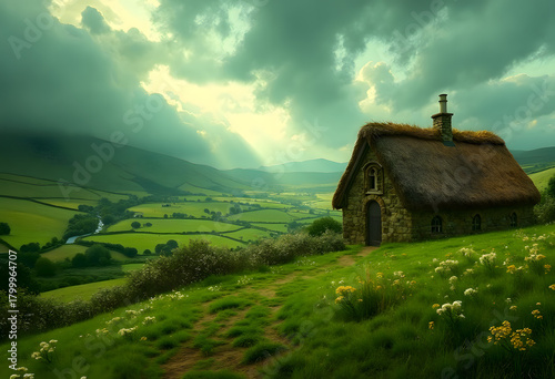 Stone cottage landscape in pastoral style in natural greens symbol of countryside tranquility with copy space