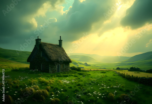 Country home panorama in rustic style in muted emerald tones emblem of scenic retreat with copy space