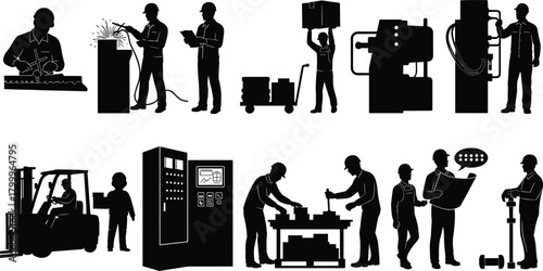 industry, manufacturing, silhouette, posture, motion, tool, gear, weld, inspect, forklift, assemble, icon, machine, task