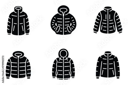 puffer jacket sketch icon silhouette vector illustration, isolated on white background, featuring minimalist outerwear design, perfect for fashion illustrations, clothing catalogs, seasonal graphics, 