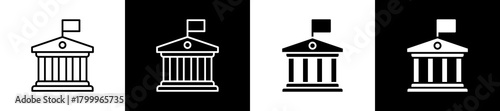 Government icon variations in line and glyph style on black and white background