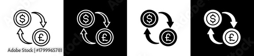 Currency icon variations in line and glyph style on black and white background