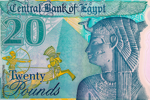 20 Pounds Egypt with a portrait of Queen Cleopatra and the Great Pyramids. National currency of Egypt. Polymer money.