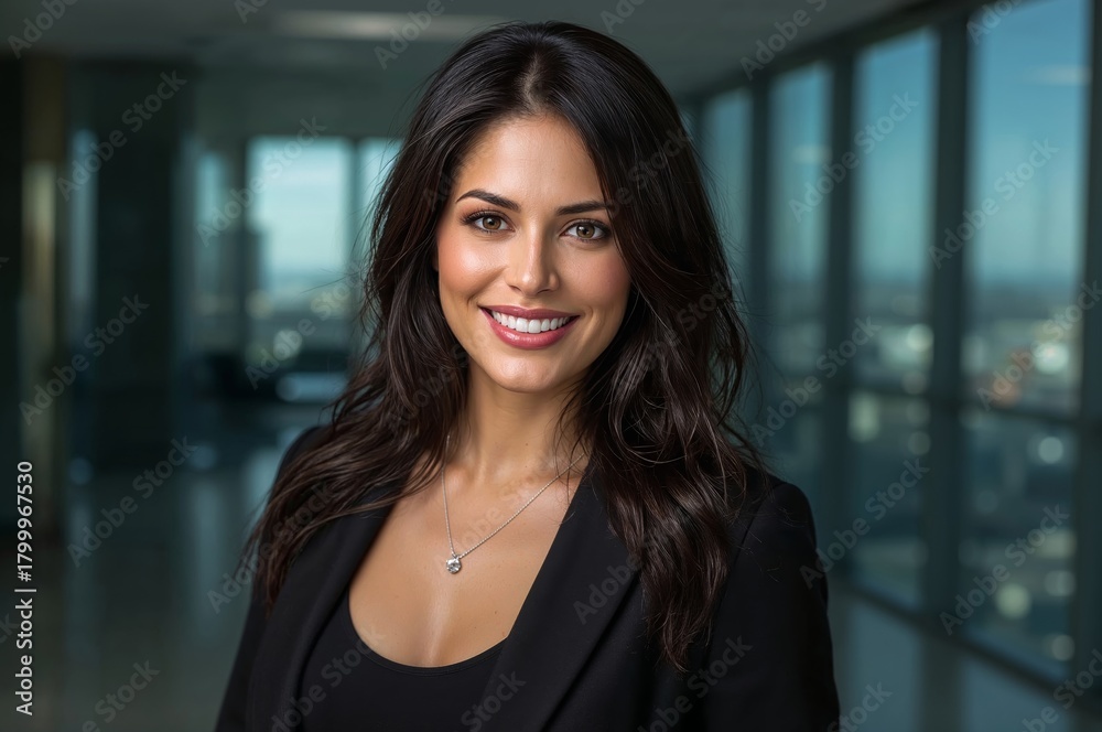Fototapeta premium A confident brunette professional woman smiling in a modern office with expansive cityscape windows.