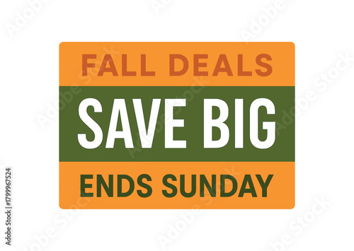 Flat vector banner design top text FALL DEALS main text SAVE BIG bottom text ENDS SUNDAY orange and olive green minimal rectangle